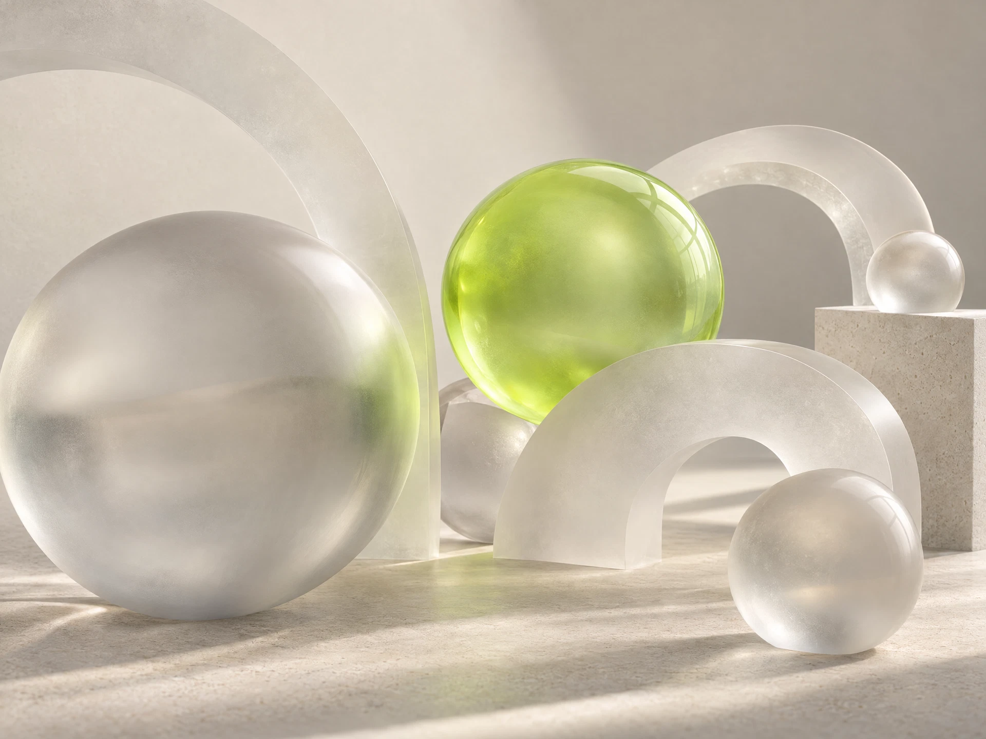 Concept astratto di sfere e archi in vetro con accento lime